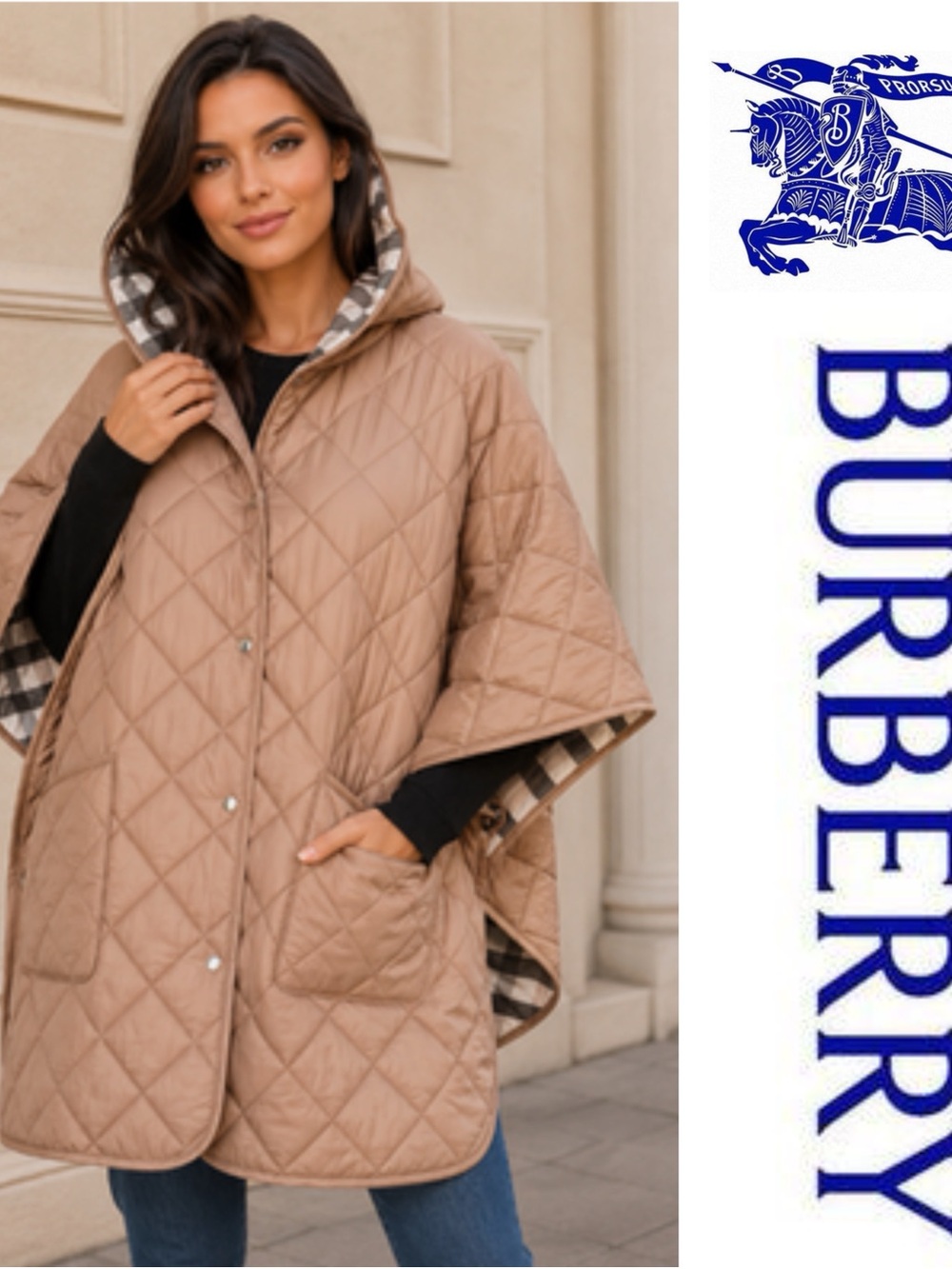 BURBERRY QUILTED HOODED CAMEL PONCHO CAPE COAT*NWT